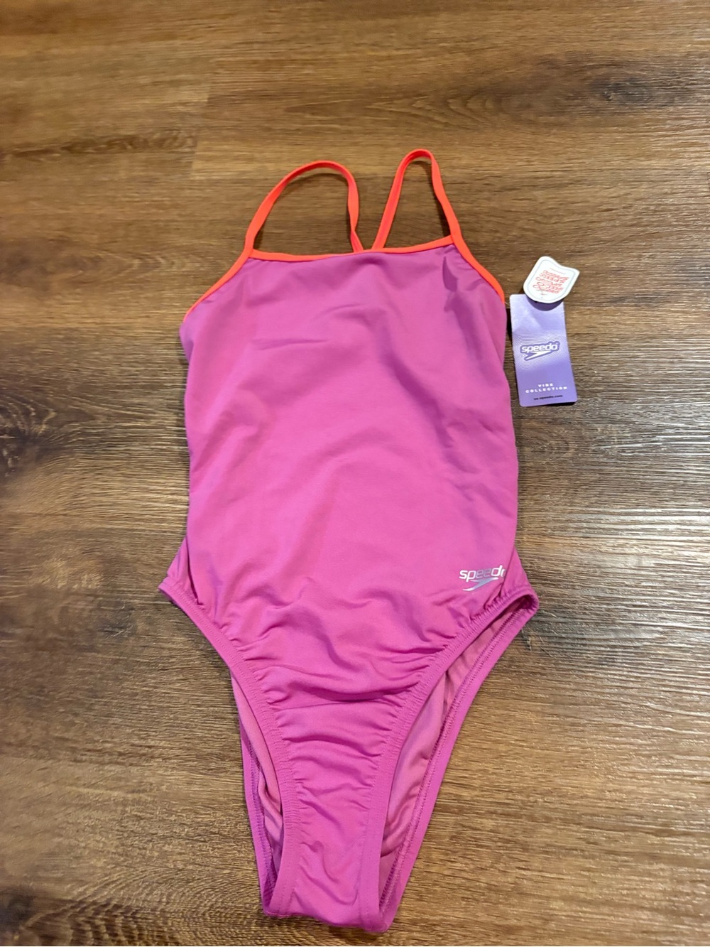 Speedo Girls' Kiki Pink One-Piece Swimsuit with Orange Trim Straps